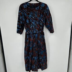Vintage Galanos Abstract Brushstroke Print Belted‎ Dress Blue Rust 3/4 Sleeve